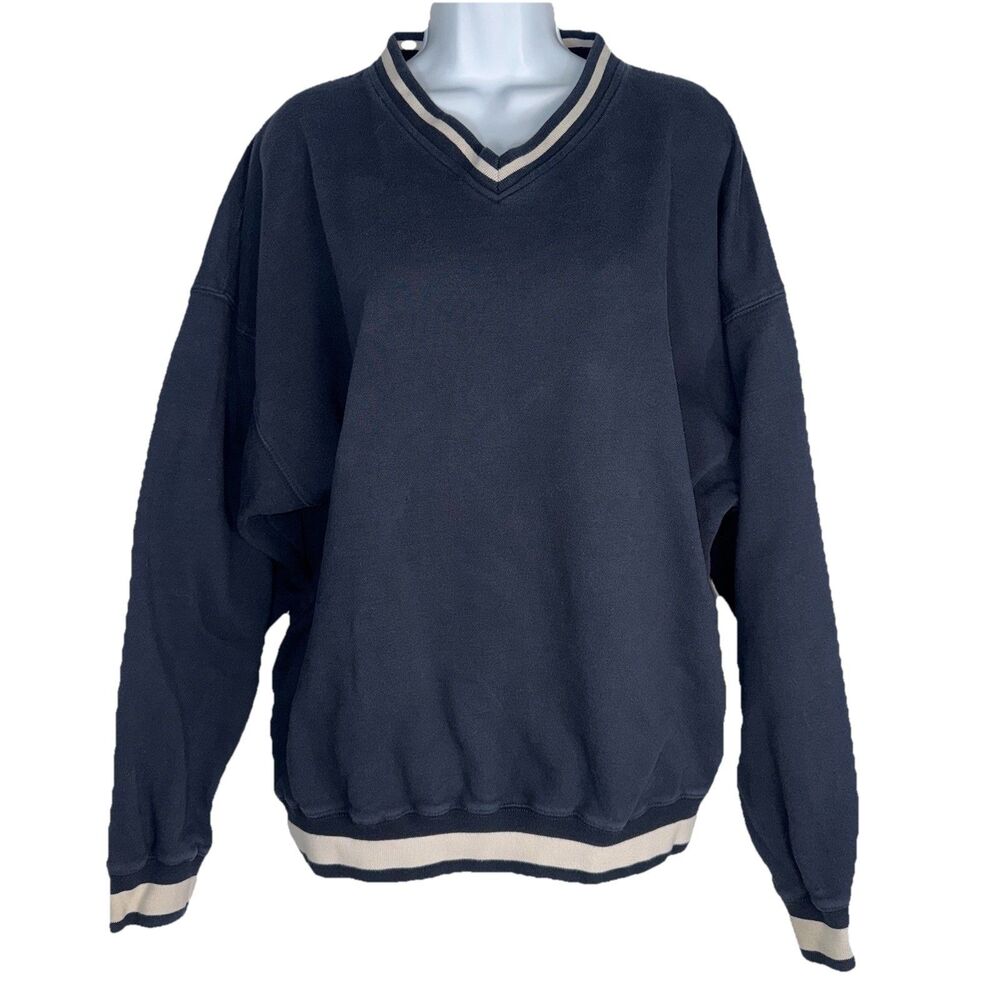 Brandy Melville Navy Blue White V-Neck Sweatshirt Oversized Women One Size